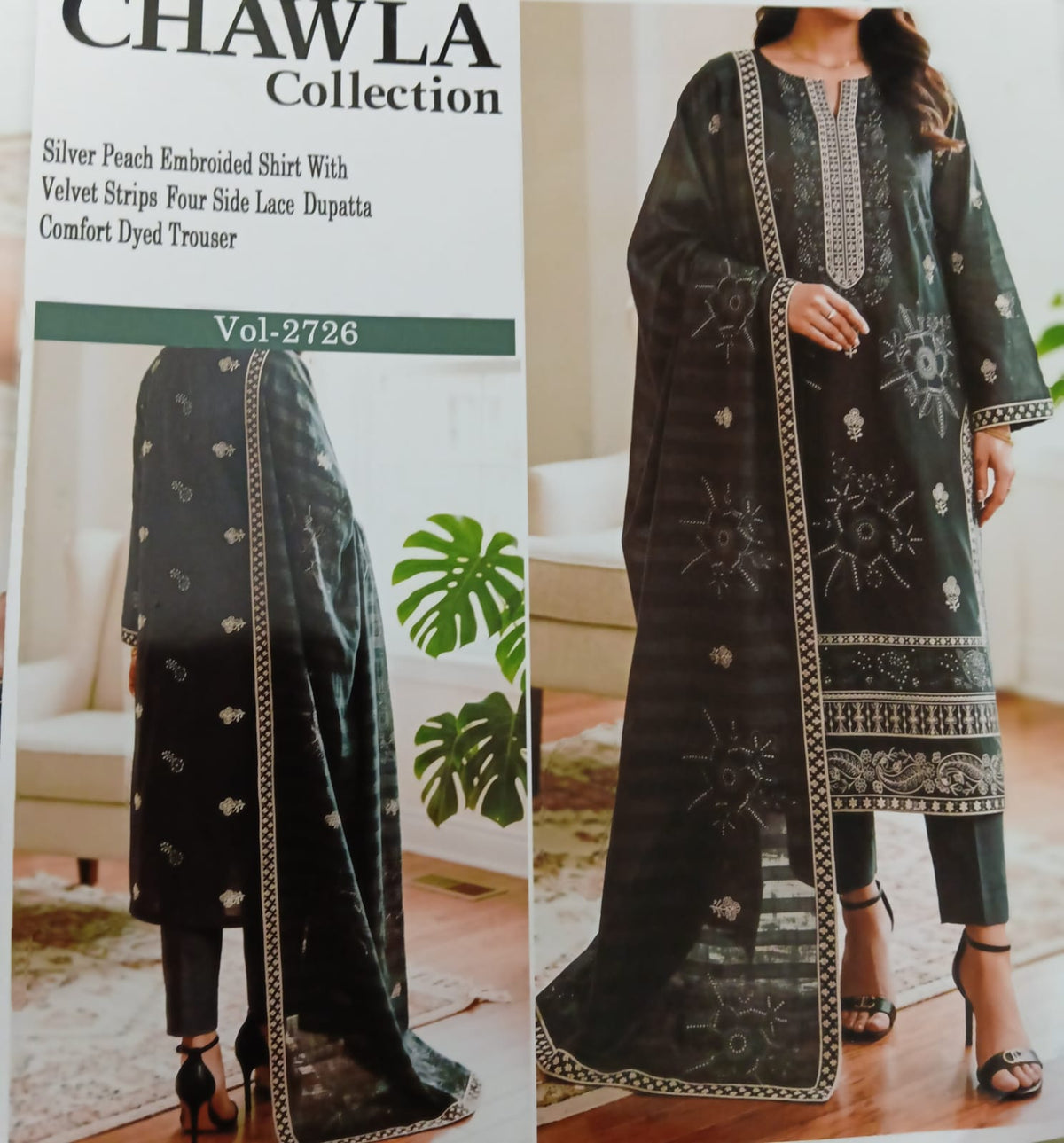 Chawla Collection Vol-2726 | Silver Peach Embroidered Shirt with Velvet Strips Dupatta & Comfort Dyed Trouser