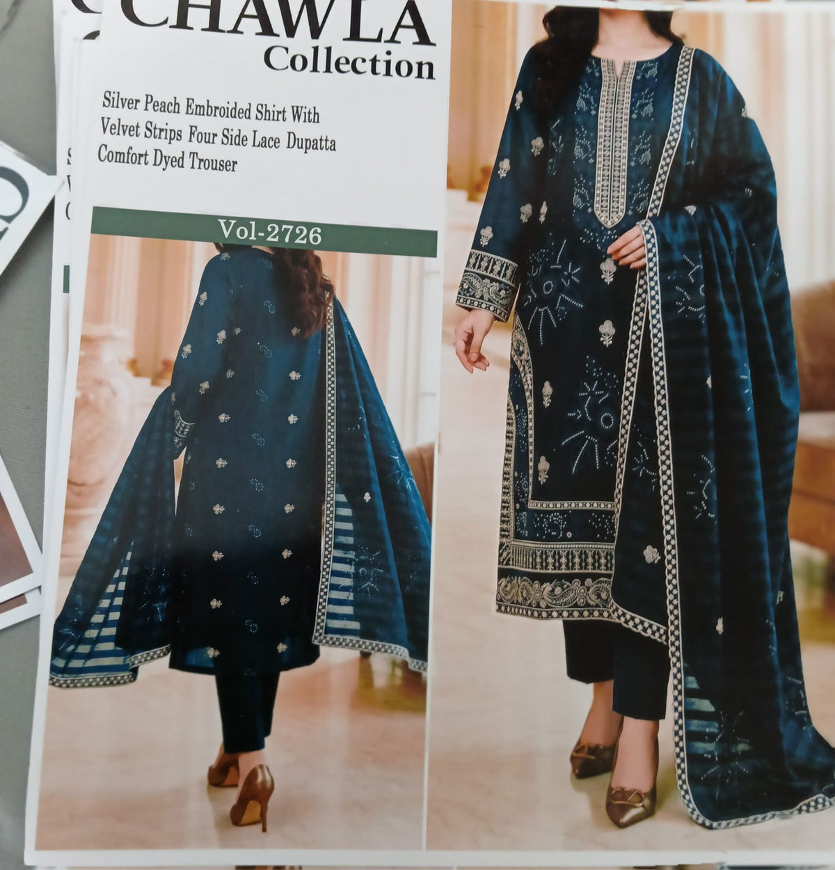 Chawla Collection Vol-2726 | Silver Peach Embroidered Shirt with Velvet Strips Dupatta & Comfort Dyed Trouser