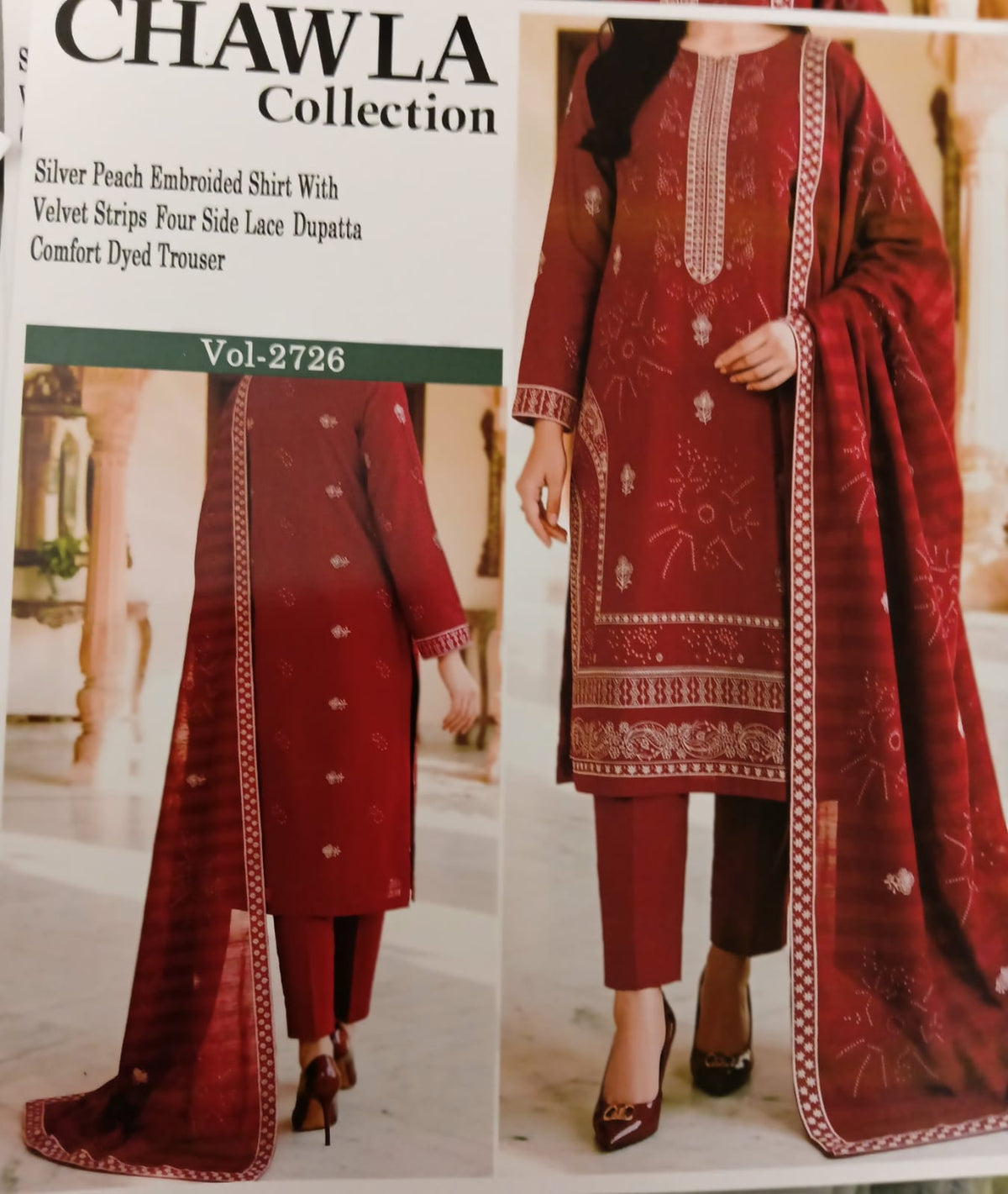 Chawla Collection Vol-2726 | Silver Peach Embroidered Shirt with Velvet Strips Dupatta & Comfort Dyed Trouser