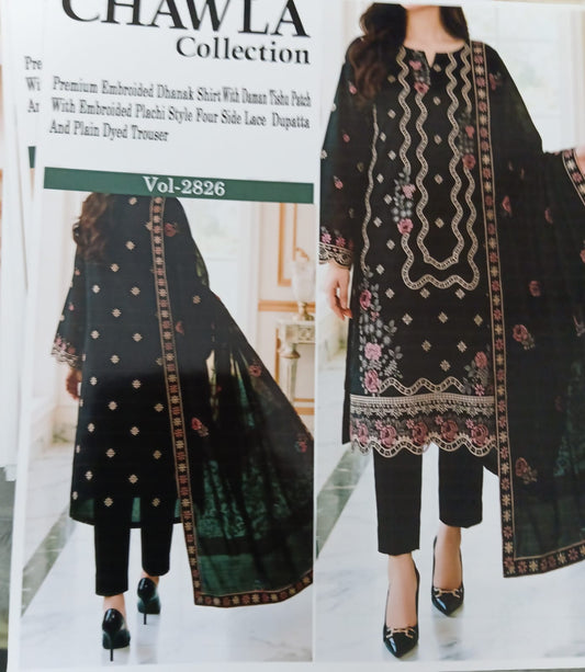 Chawla Collection Vol-2826 | Premium Embroidered Dhanak Shirt with Daman Tissue Patch, Plachi Style Dupatta & Dyed Trouser