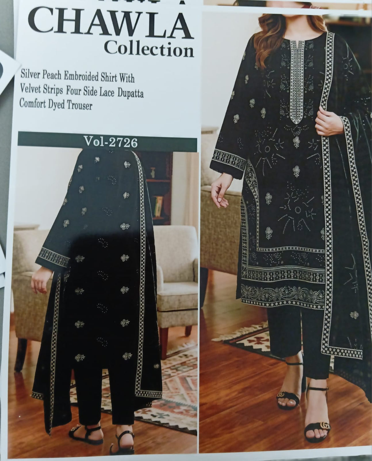 Chawla Collection Vol-2726 | Silver Peach Embroidered Shirt with Velvet Strips Dupatta & Comfort Dyed Trouser
