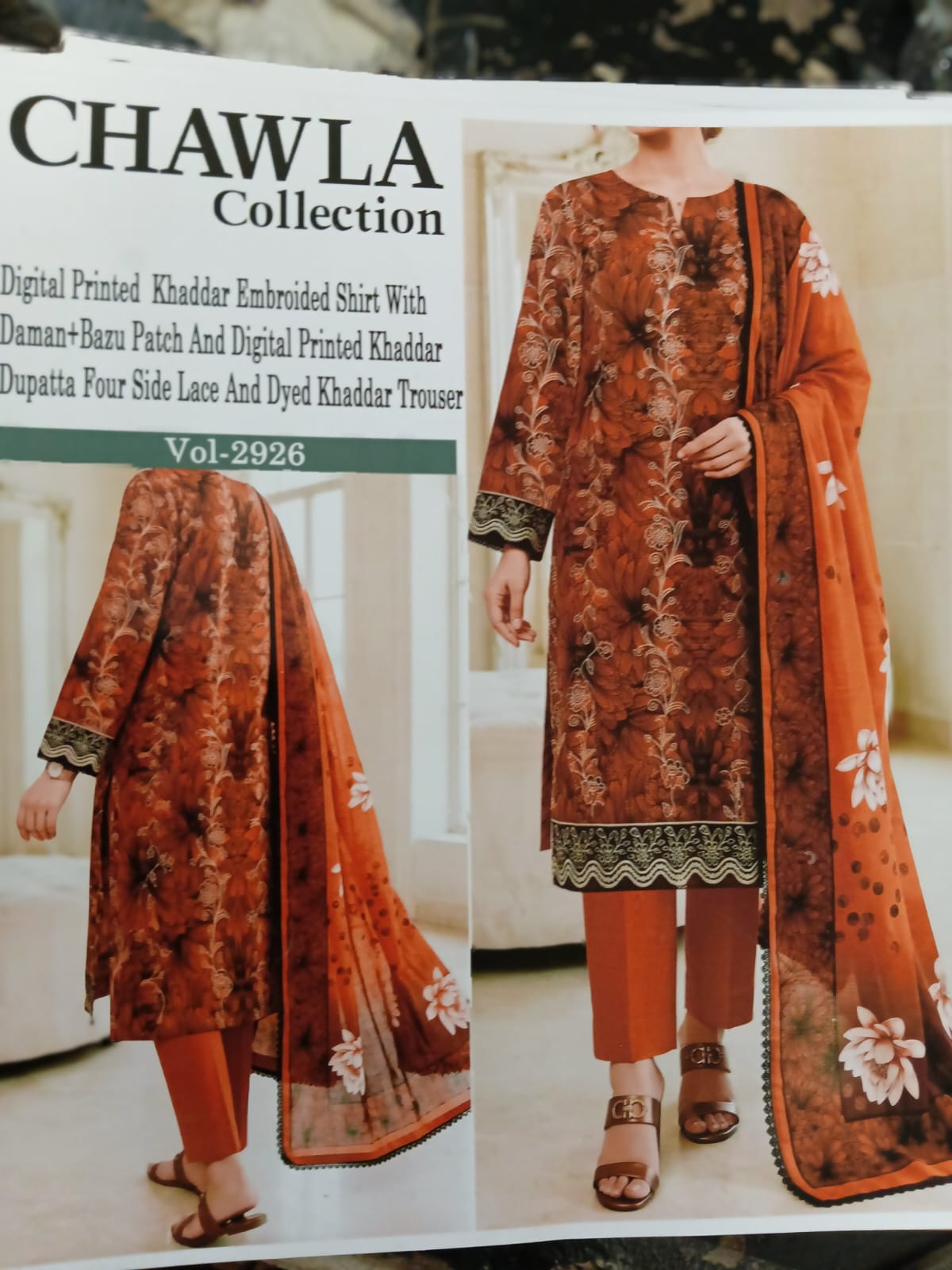 Chawla Collection Vol-2926 | Digital Printed Khaddar Embroidered Shirt with Daman & Bazu Patch, Digital Printed Khaddar Dupatta & Dyed Trouser