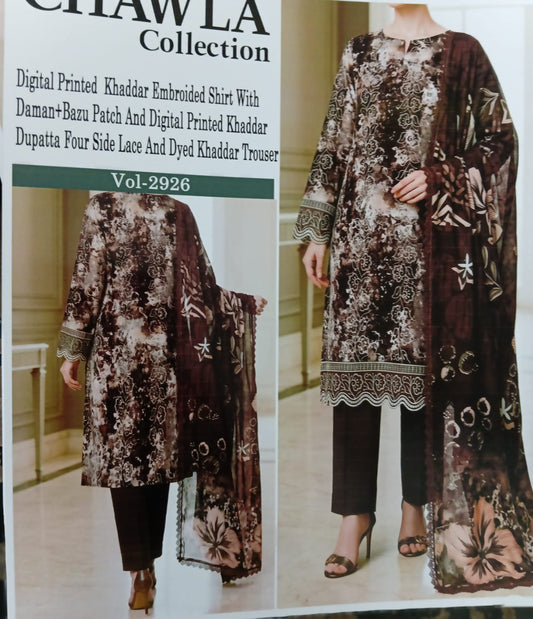 Chawla Collection Vol-2926 | Digital Printed Khaddar Embroidered Shirt with Daman & Bazu Patch, Digital Printed Khaddar Dupatta & Dyed Trouser