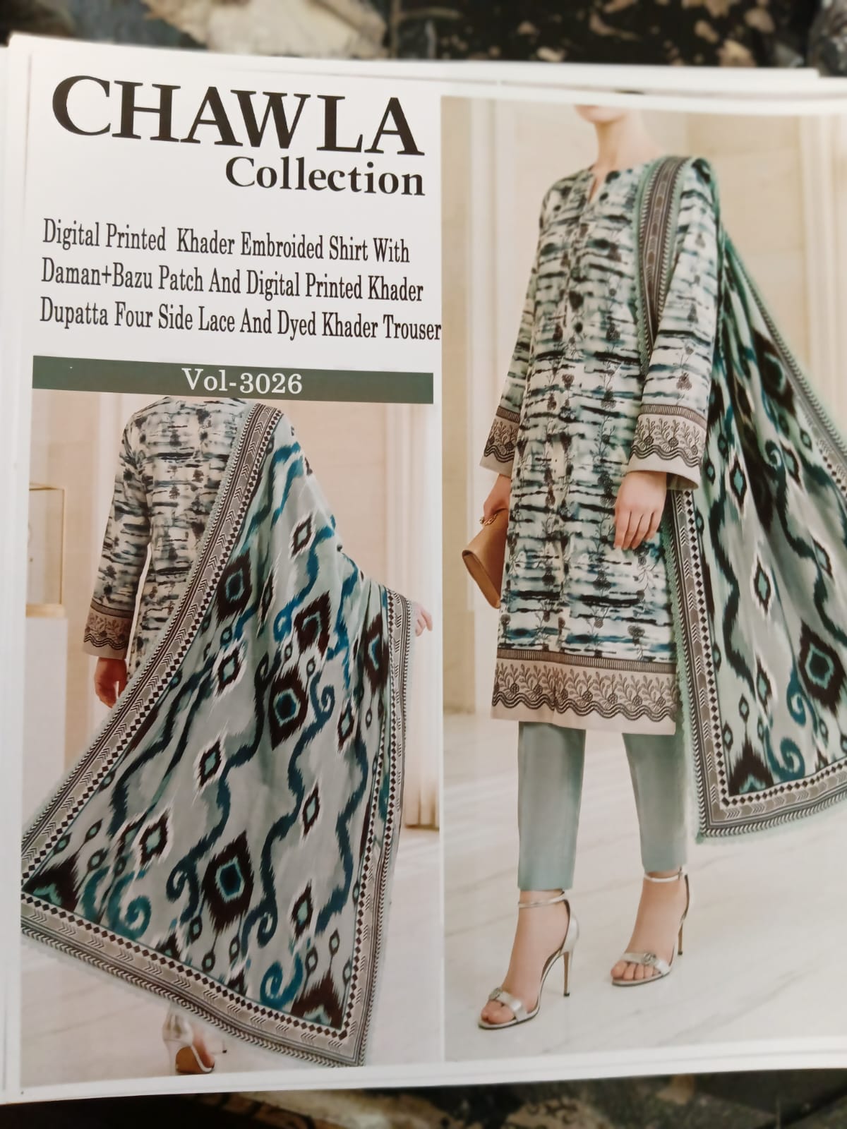 Chawla Collection Vol-3026 | Digital Printed Khaddar Embroidered Shirt with Daman & Bazu Patch, Digital Printed Khaddar Dupatta & Dyed Trouser