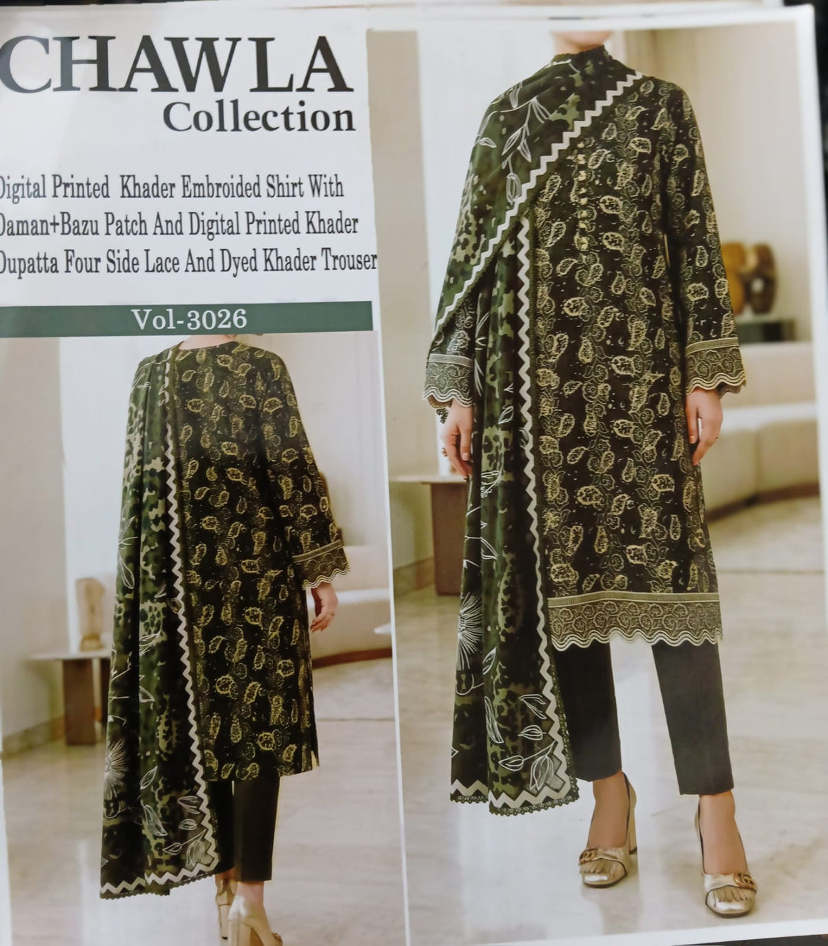 Chawla Collection Vol-3026 | Digital Printed Khaddar Embroidered Shirt with Daman & Bazu Patch, Digital Printed Khaddar Dupatta & Dyed Trouser