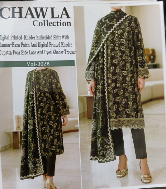 Chawla Collection Vol-3026 | Digital Printed Khaddar Embroidered Shirt with Daman & Bazu Patch, Digital Printed Khaddar Dupatta & Dyed Trouser
